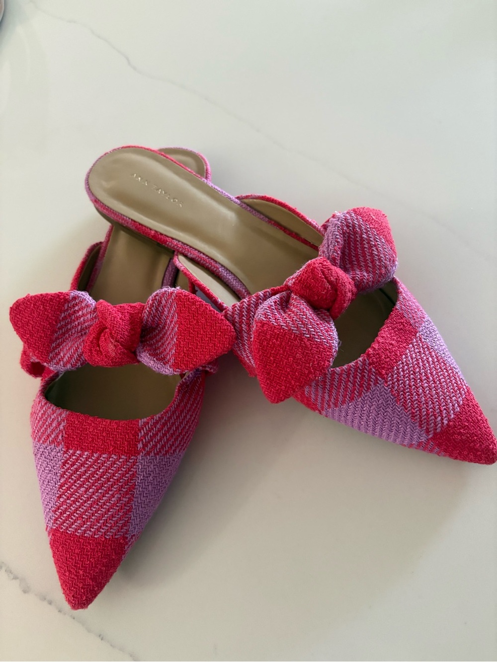 Ann Taylor Pointed Bow Slide Mules in Lilac & Red Plaid Size 9.5